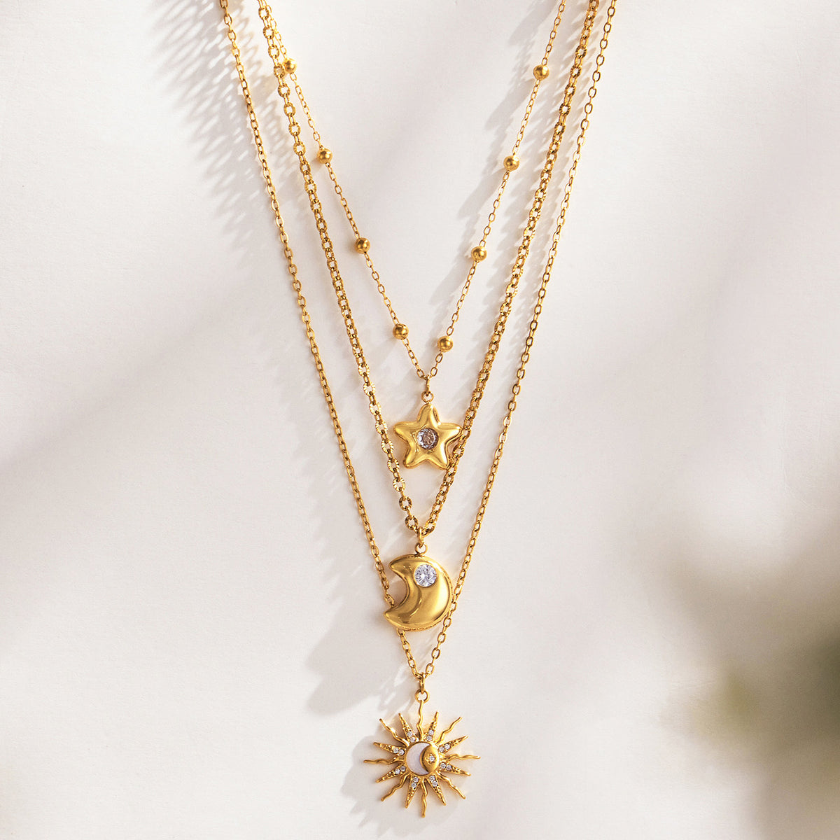316L Stainless Steel 18K PVD Gold Sun Moon Star Necklace made with 316L stainless steel and 18K PVD gold finish for wholesale jewelry buyers - image 6