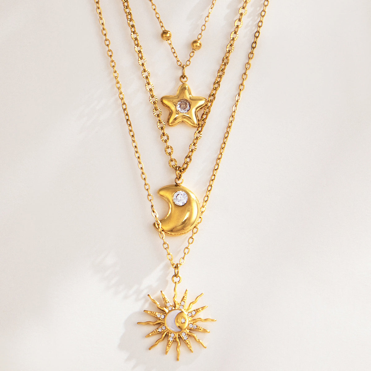 316L Stainless Steel 18K PVD Gold Sun Moon Star Necklace made with 316L stainless steel and 18K PVD gold finish for wholesale jewelry buyers - image 9