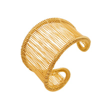 Wide wire cuff bracelet in 316L stainless steel with 18K PVD gold finish, modern open cuff bangle design on white background
