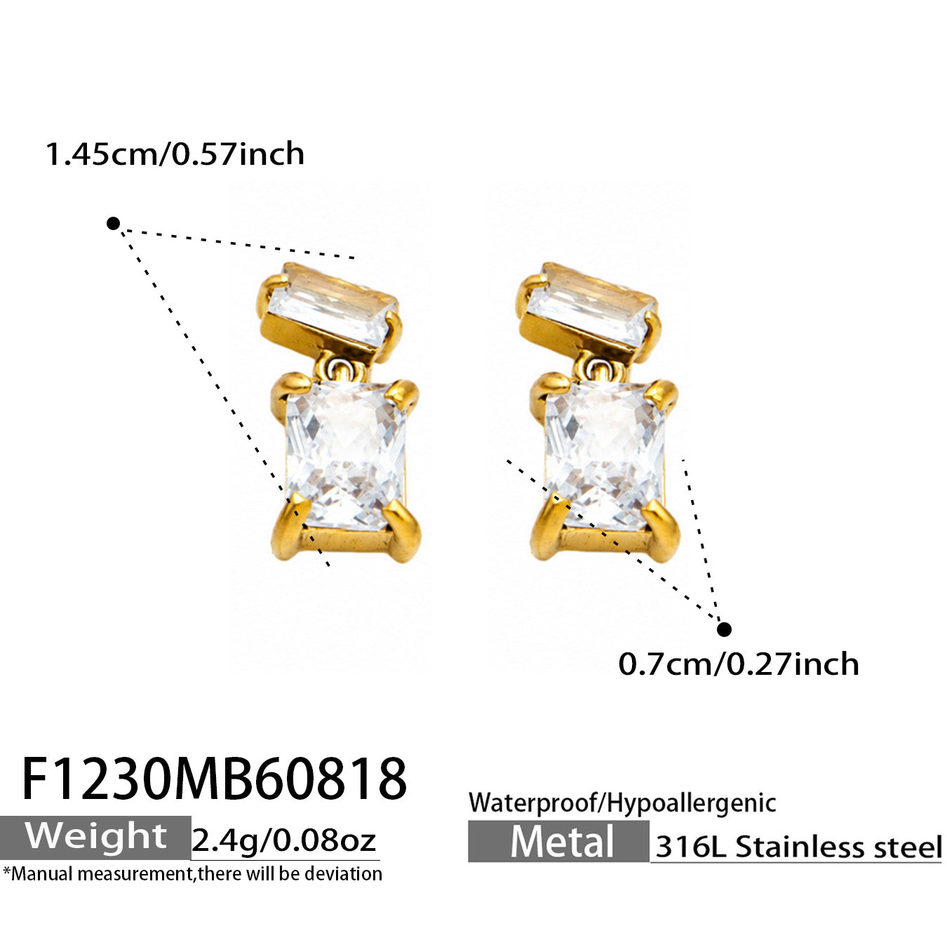 316L Stainless Steel 18K PVD Gold White Zircon Drop Earring