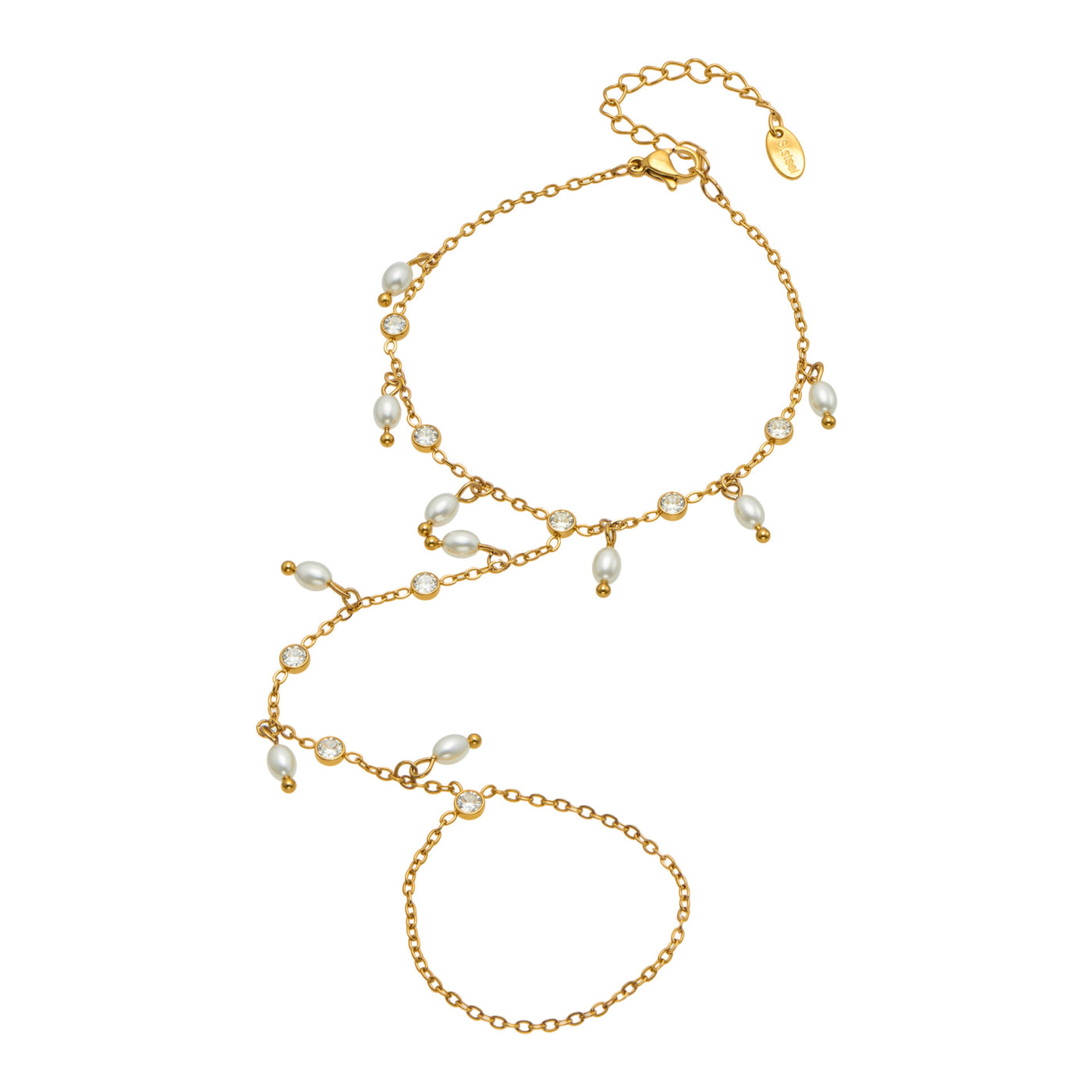 316L Stainless Steel 18K PVD Gold Zircon Pearl Finger Chain Bracelet made with 316L stainless steel and 18K PVD gold finish for wholesale jewelry buyers - image 1