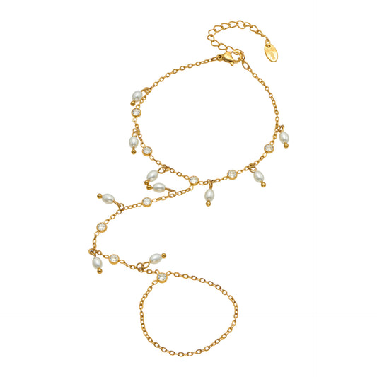 316L Stainless Steel 18K PVD Gold Zircon Pearl Finger Chain Bracelet made with 316L stainless steel and 18K PVD gold finish for wholesale jewelry buyers - image 1