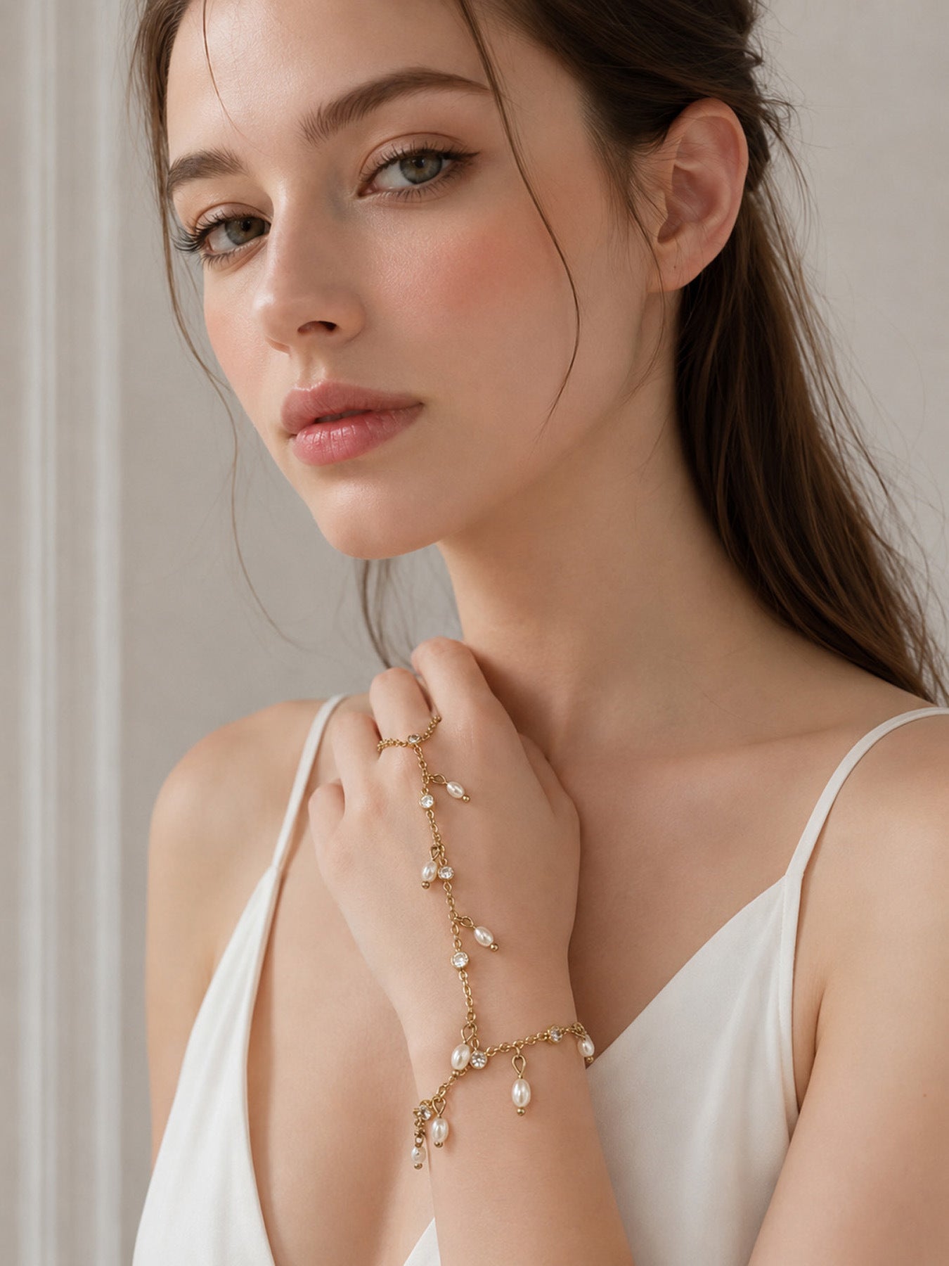 316L Stainless Steel 18K PVD Gold Zircon Pearl Finger Chain Bracelet made with 316L stainless steel and 18K PVD gold finish for wholesale jewelry buyers - image 11