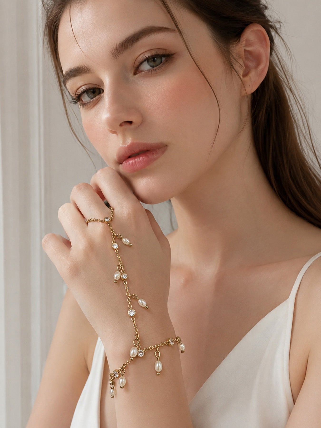 316L Stainless Steel 18K PVD Gold Zircon Pearl Finger Chain Bracelet made with 316L stainless steel and 18K PVD gold finish for wholesale jewelry buyers - image 13