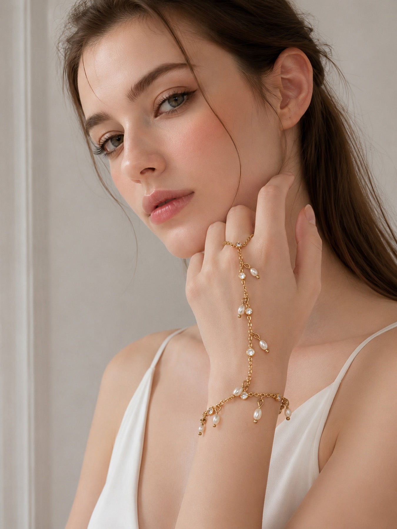 316L Stainless Steel 18K PVD Gold Zircon Pearl Finger Chain Bracelet made with 316L stainless steel and 18K PVD gold finish for wholesale jewelry buyers - image 3