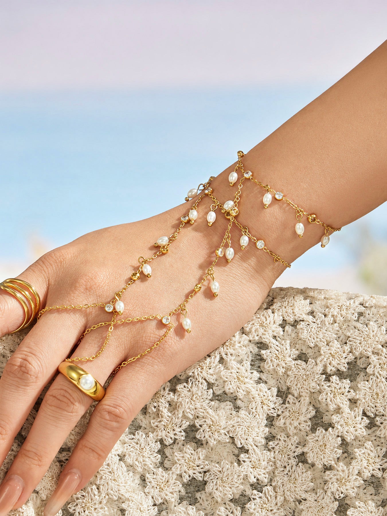 316L Stainless Steel 18K PVD Gold Zircon Pearl Finger Chain Bracelet made with 316L stainless steel and 18K PVD gold finish for wholesale jewelry buyers - image 4