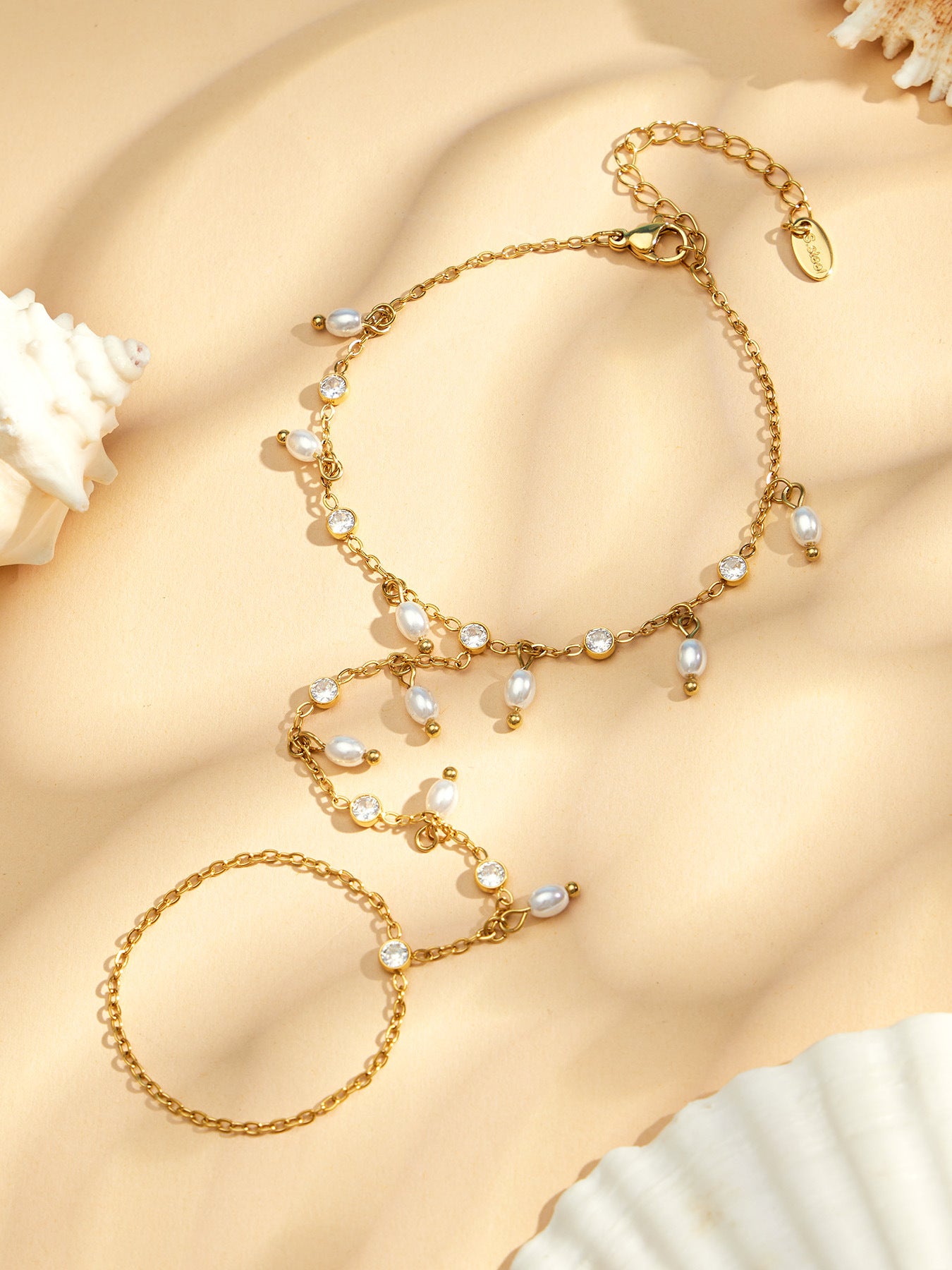 316L Stainless Steel 18K PVD Gold Zircon Pearl Finger Chain Bracelet made with 316L stainless steel and 18K PVD gold finish for wholesale jewelry buyers - image 5