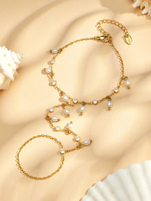 316L Stainless Steel 18K PVD Gold Zircon Pearl Finger Chain Bracelet made with 316L stainless steel and 18K PVD gold finish for wholesale jewelry buyers - image 5