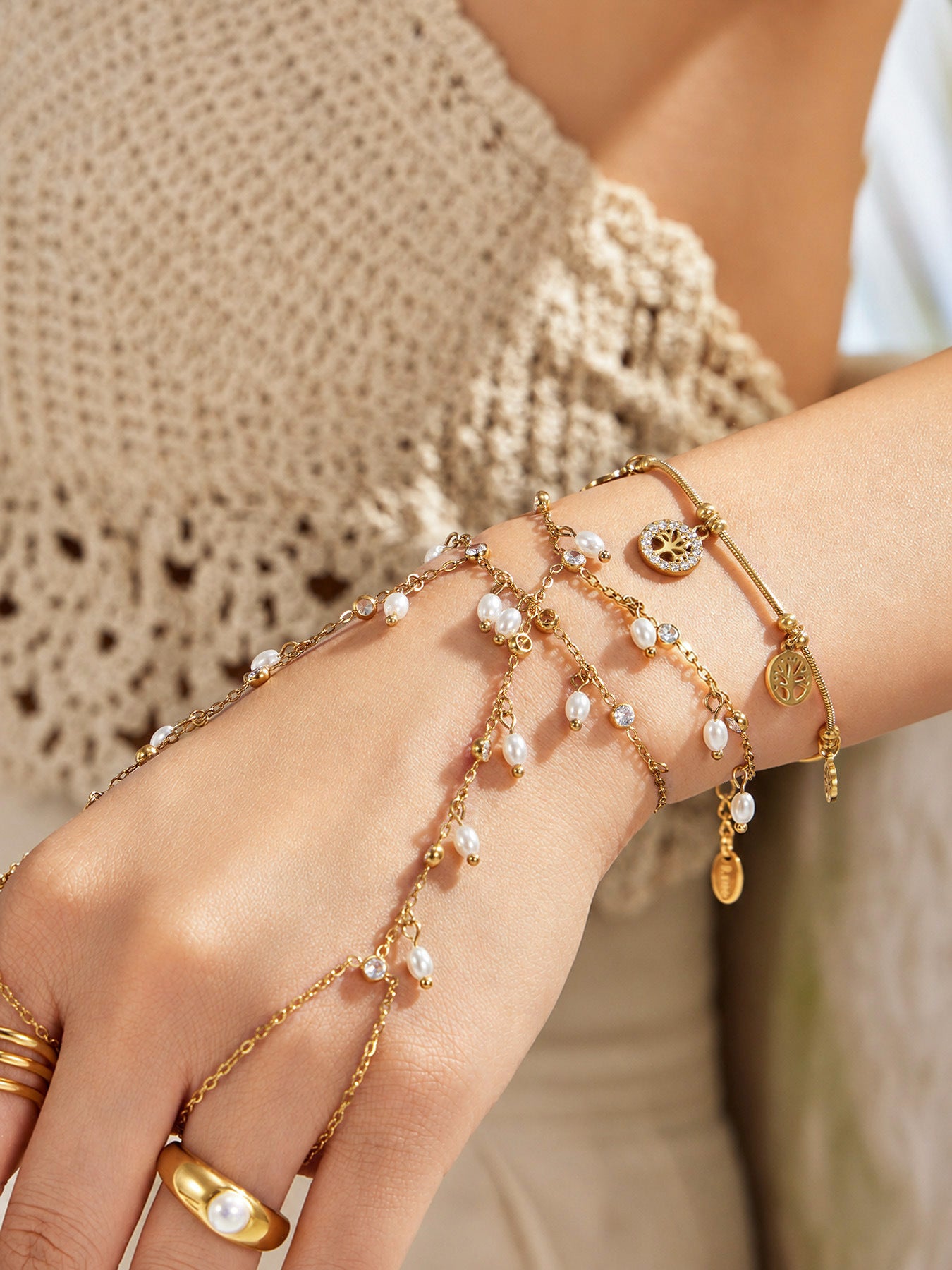 316L Stainless Steel 18K PVD Gold Zircon Pearl Finger Chain Bracelet made with 316L stainless steel and 18K PVD gold finish for wholesale jewelry buyers - image 6