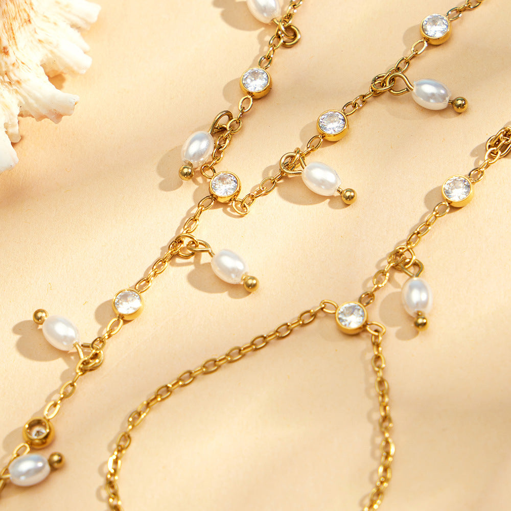 316L Stainless Steel 18K PVD Gold Zircon Pearl Finger Chain Bracelet made with 316L stainless steel and 18K PVD gold finish for wholesale jewelry buyers - image 7