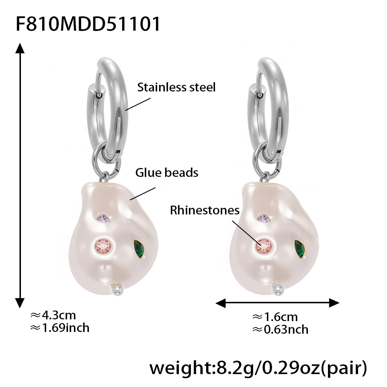 Product specifications and length of the silver steel color hypoallergenic baroque pearl earrings.