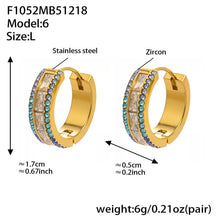 Large size 316L stainless steel hoop earrings with double row 5A cubic zirconia, blue and teal stones, polished gold finish