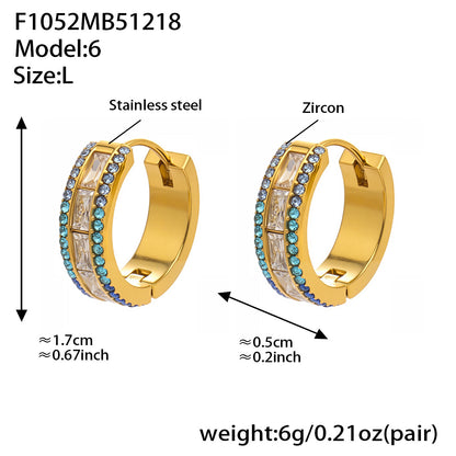 Large size 316L stainless steel hoop earrings with double row 5A cubic zirconia, blue and teal stones, polished gold finish