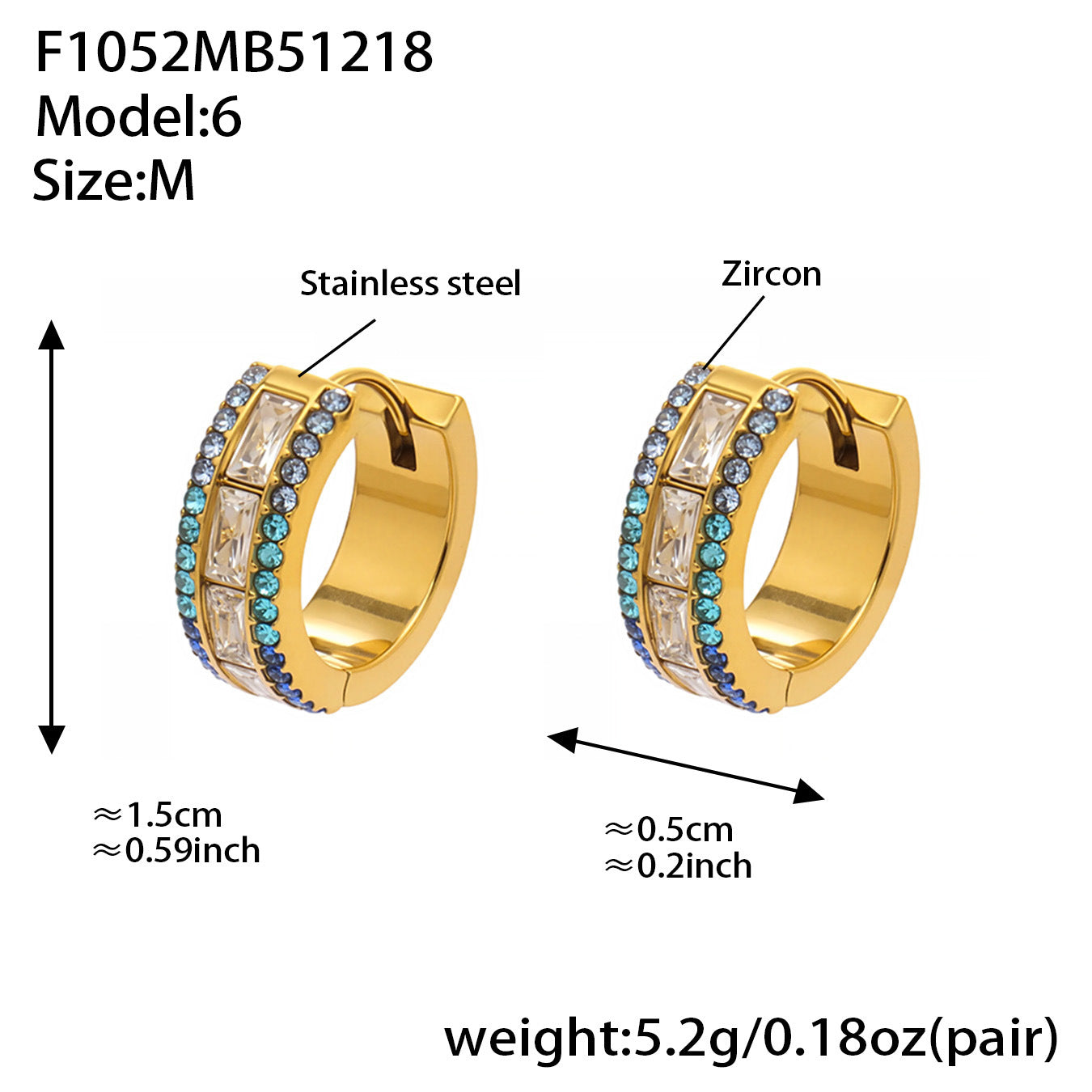 316L stainless steel 18K PVD gold hoop earrings with double row 5A cubic zirconia, blue green tone, medium size