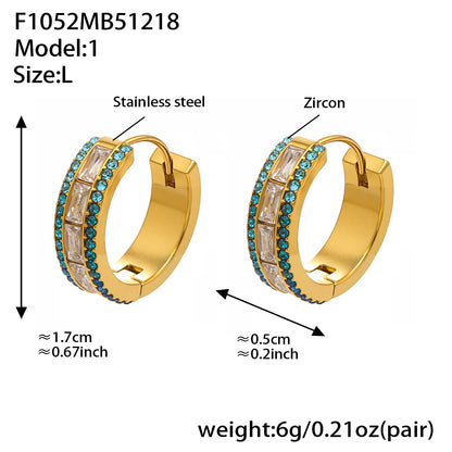 Large stainless steel hoop earrings with sparkling blue 5A cubic zirconia, double row luxury style