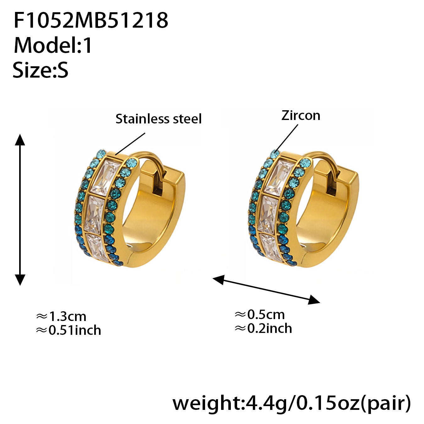 316L stainless steel hoop earrings with blue 5A cubic zirconia, double row gold plated design,small size 