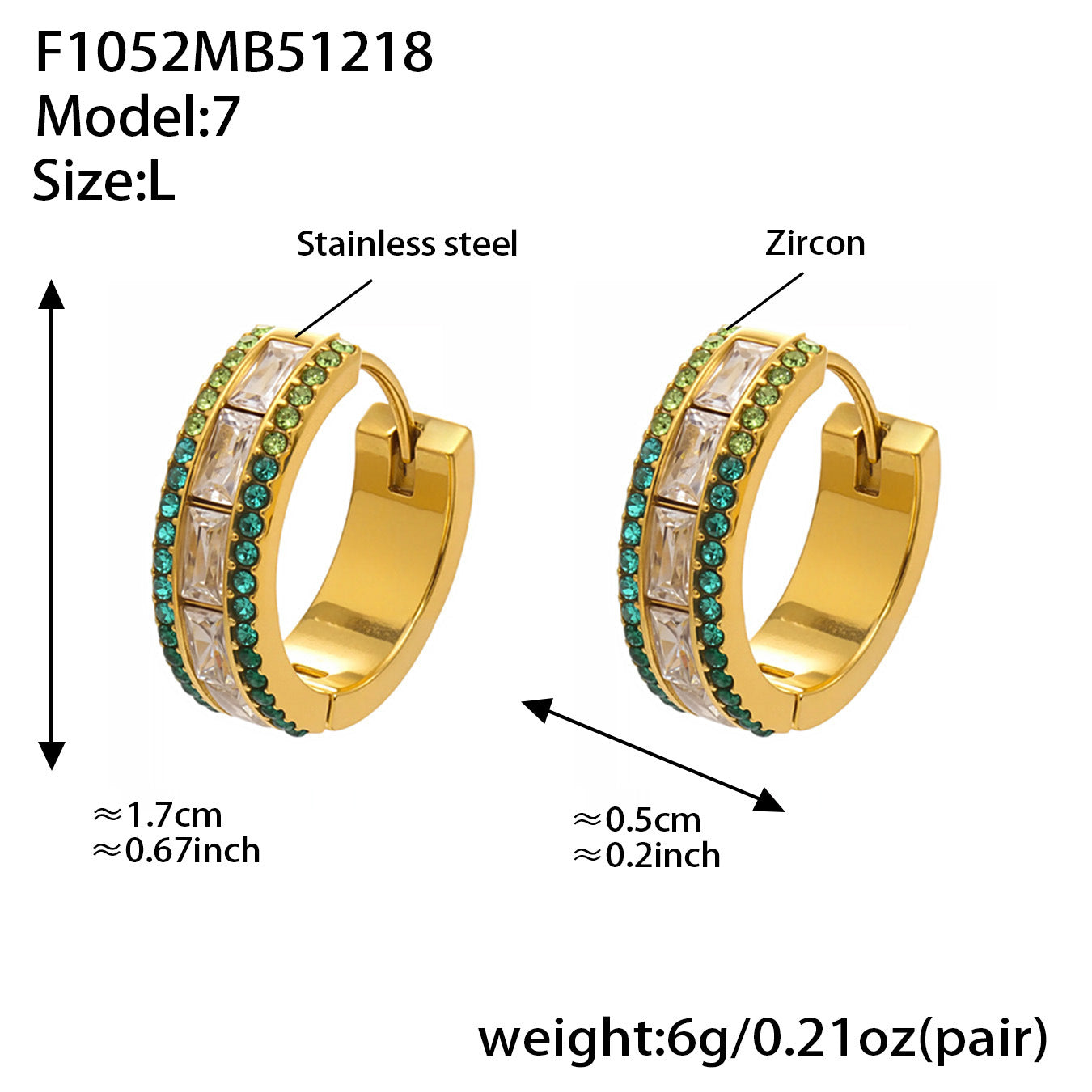 Large 316L stainless steel gold hoop earrings with green 5A cubic zirconia, luxury double row design