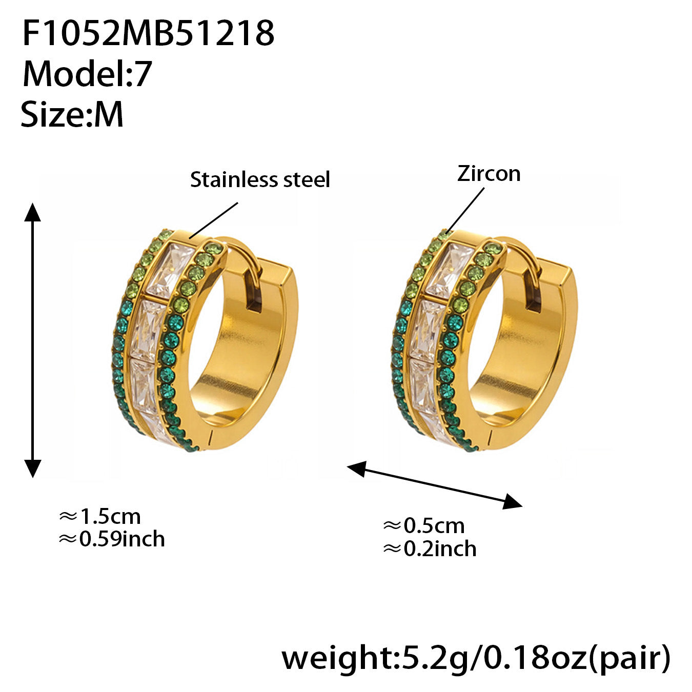 Medium size stainless steel hoop earrings with emerald green 5A cubic zirconia, double row setting