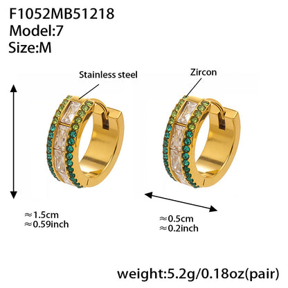 Medium size stainless steel hoop earrings with emerald green 5A cubic zirconia, double row setting