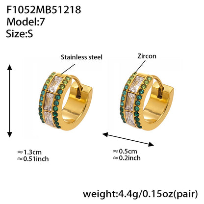 316L stainless steel hoop earrings with green 5A cubic zirconia, double row design, small size