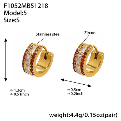 316L stainless steel hoop earrings with red 5A cubic zirconia, double row gold plated design, small size