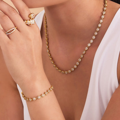 Gold tone 316L stainless steel heart link bracelet and necklace set with 5A cubic zirconia