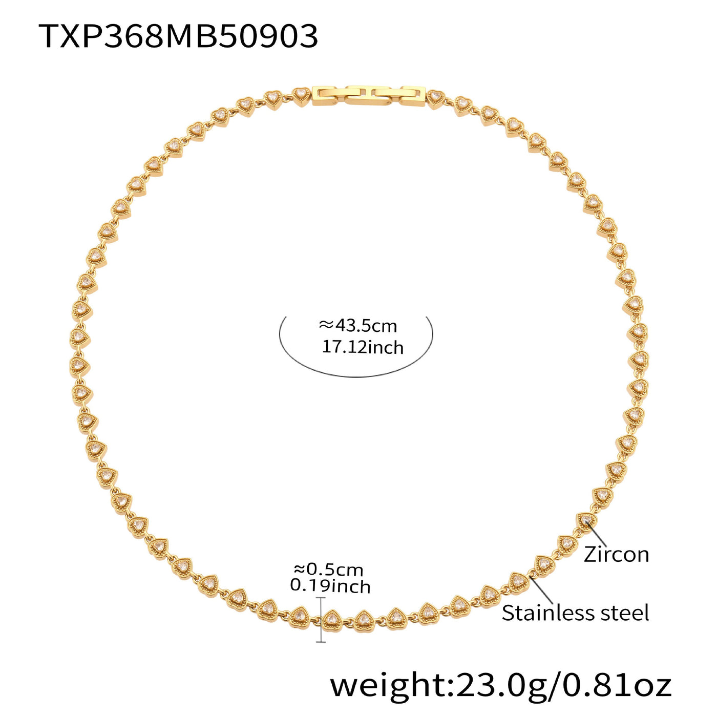 316L stainless steel heart link necklace with 5A cubic zirconia size details