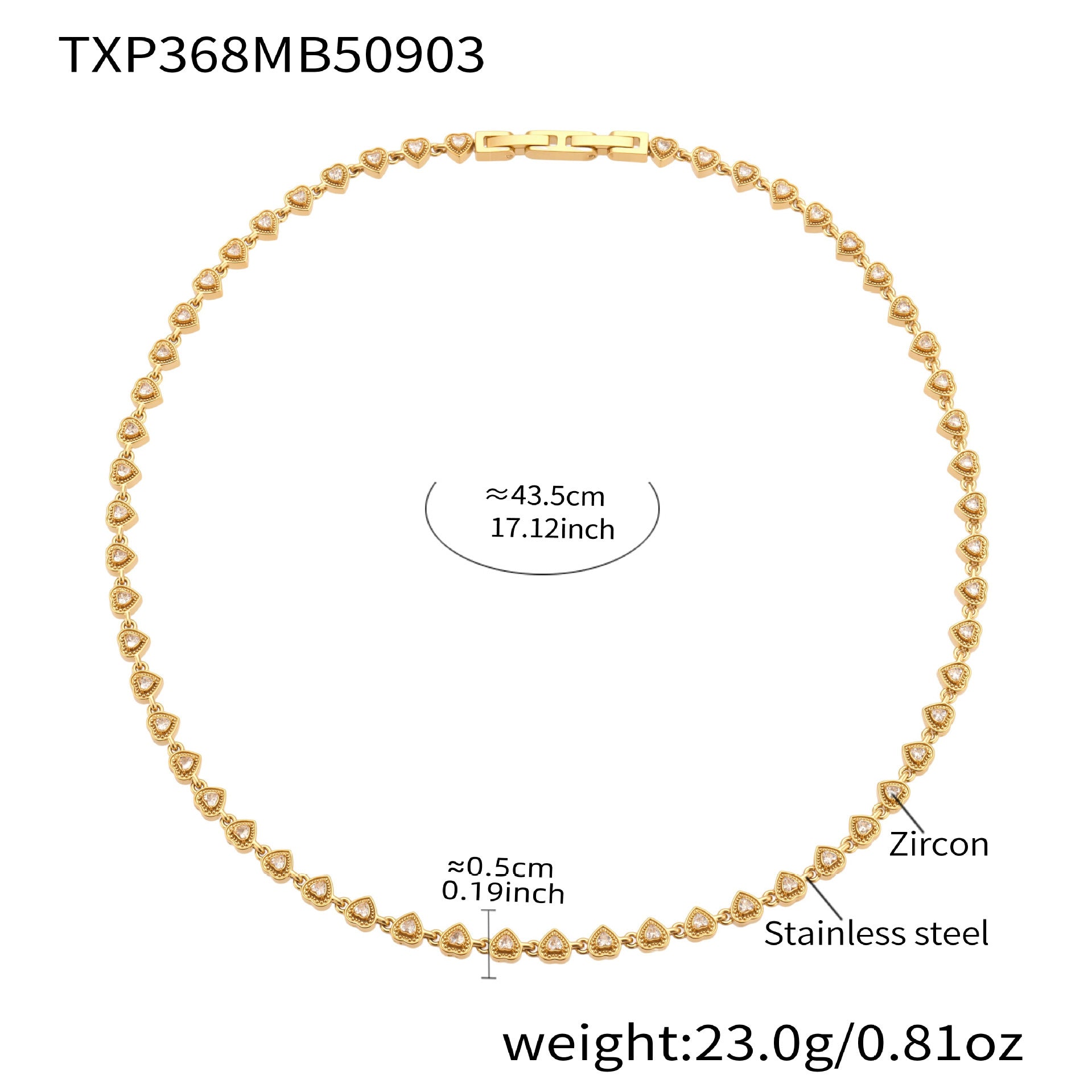 316L stainless steel heart link necklace with 5A cubic zirconia size details
