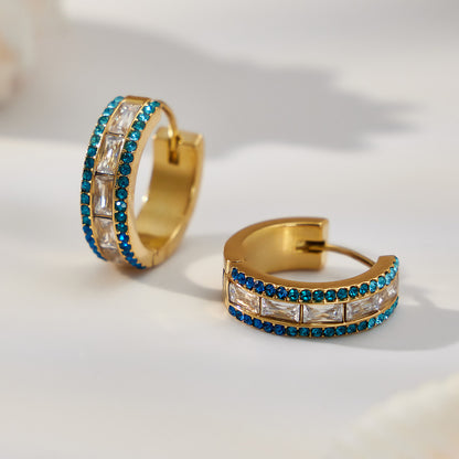 316L stainless steel blue green 5A CZ double row hoop earrings close up