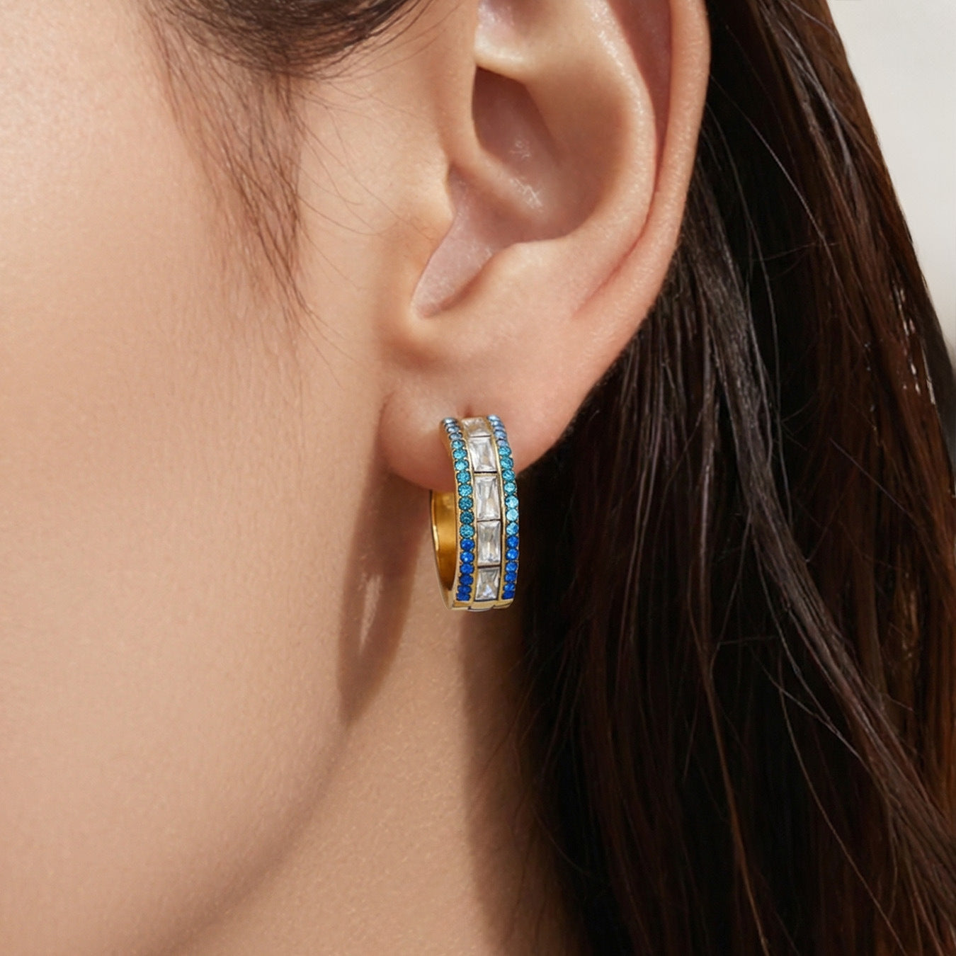 316L stainless steel 5A CZ double row hoop earrings worn on ear huggie style