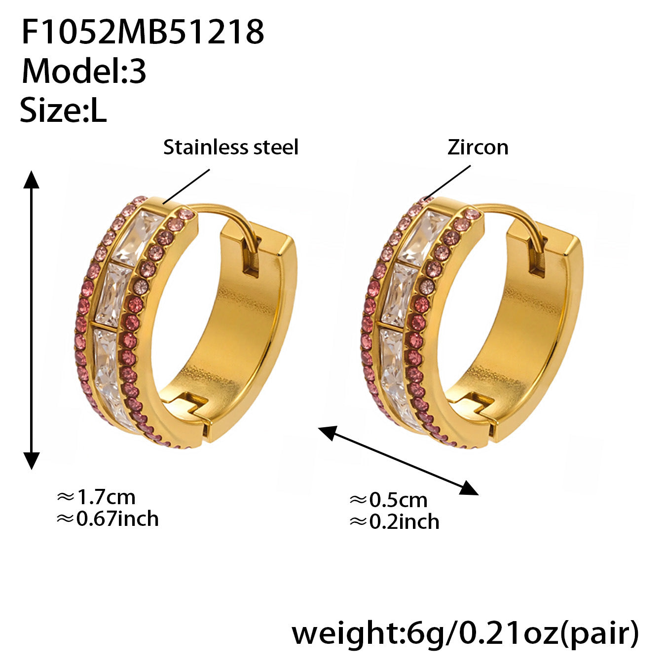 316L stainless steel 5A CZ double row hoop earrings size L gold plated hoop earrings