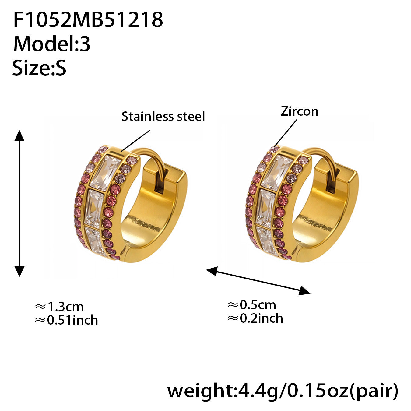 316L stainless steel 5A CZ double row hoop earrings size S with zirconia and 18K PVD gold plating