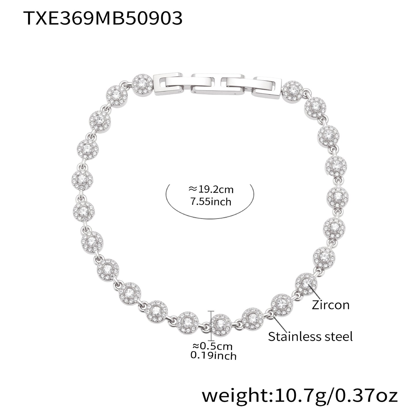 316L stainless steel round link bracelet with 5A cubic zirconia size details