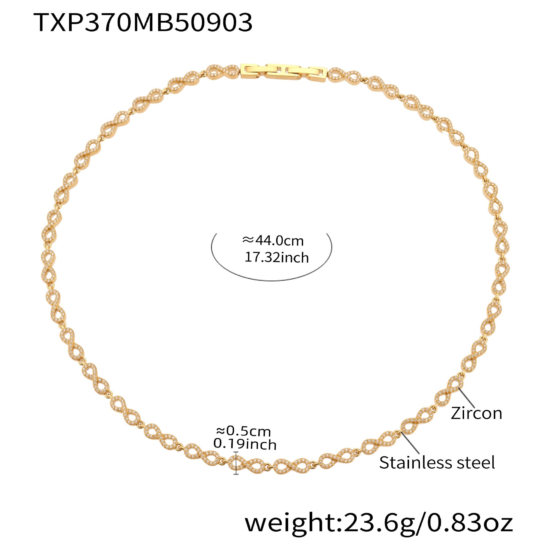 Gold tone 316L stainless steel infinity link necklace with 5A cubic zirconia