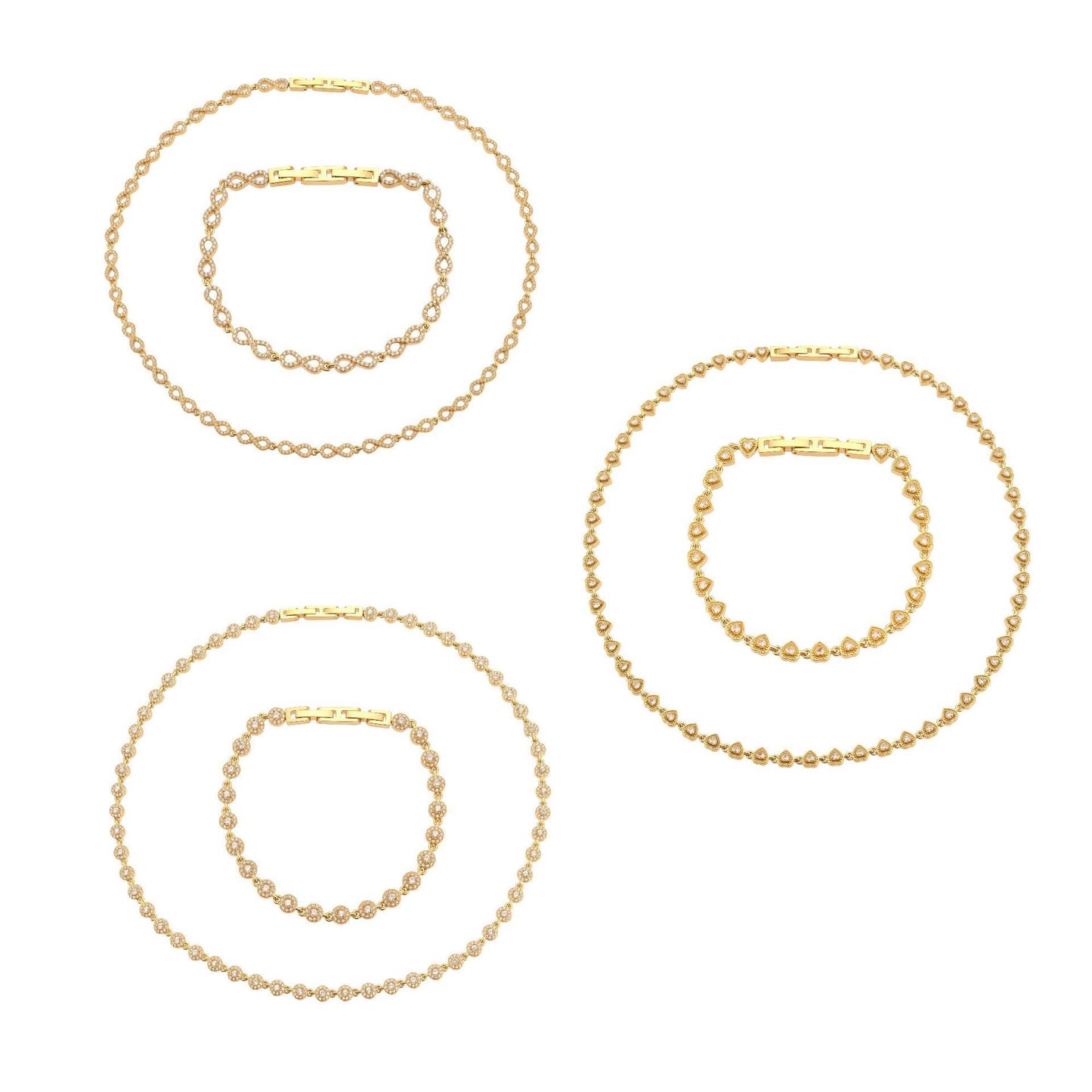 Gold tone 316L stainless steel round link bracelet and necklace set with 5A cubic zirconia