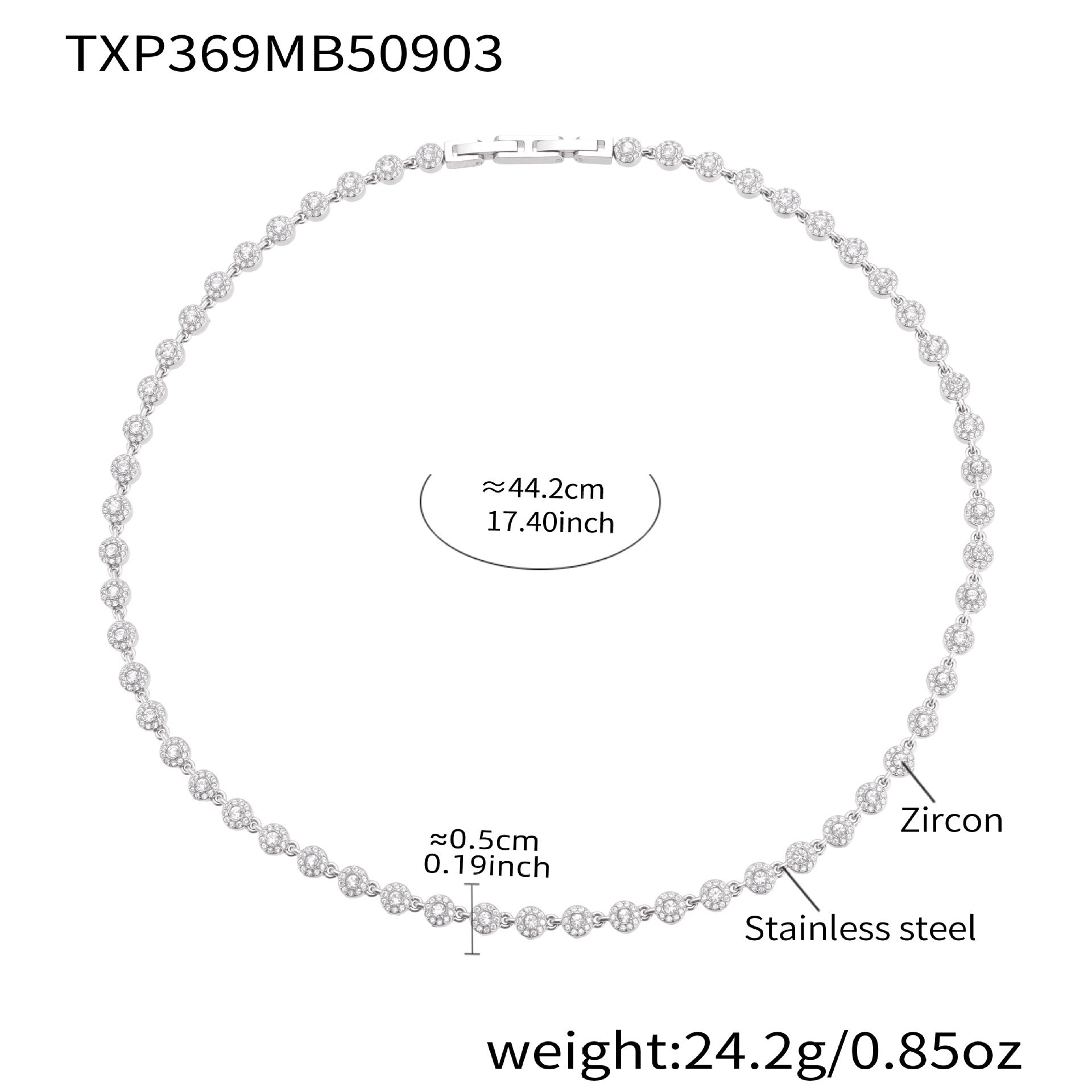 316L stainless steel round link necklace with 5A cubic zirconia size details