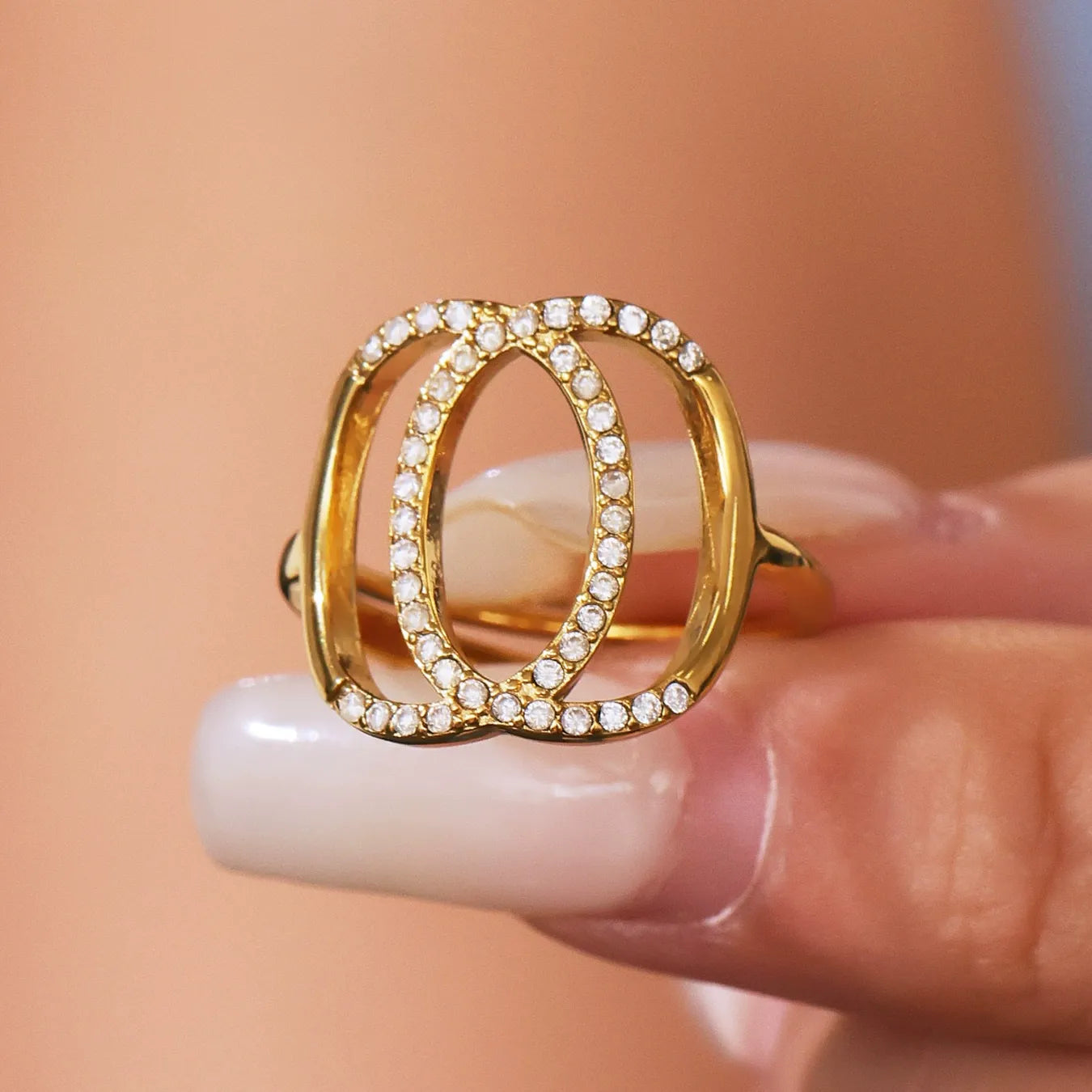 316L Stainless Steel 5A Zircon Double Circle Adjustable Ring - Image 2