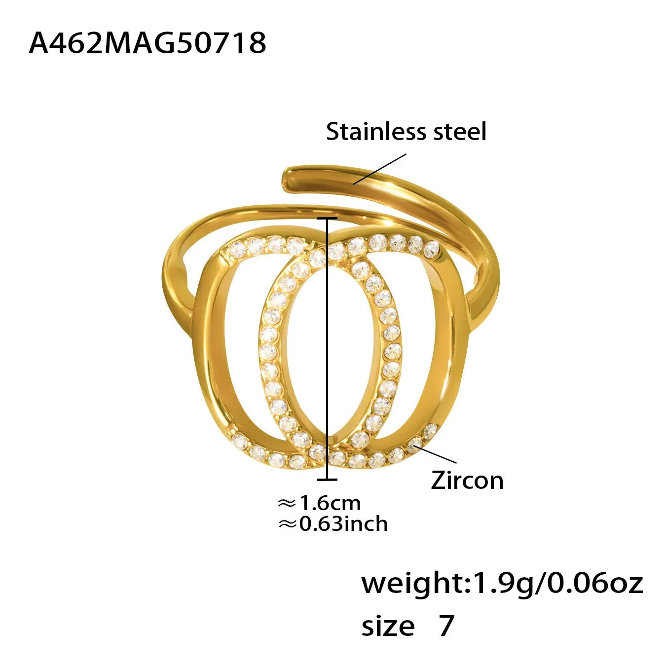 316L Stainless Steel 5A Zircon Double Circle Adjustable Ring - Image 6