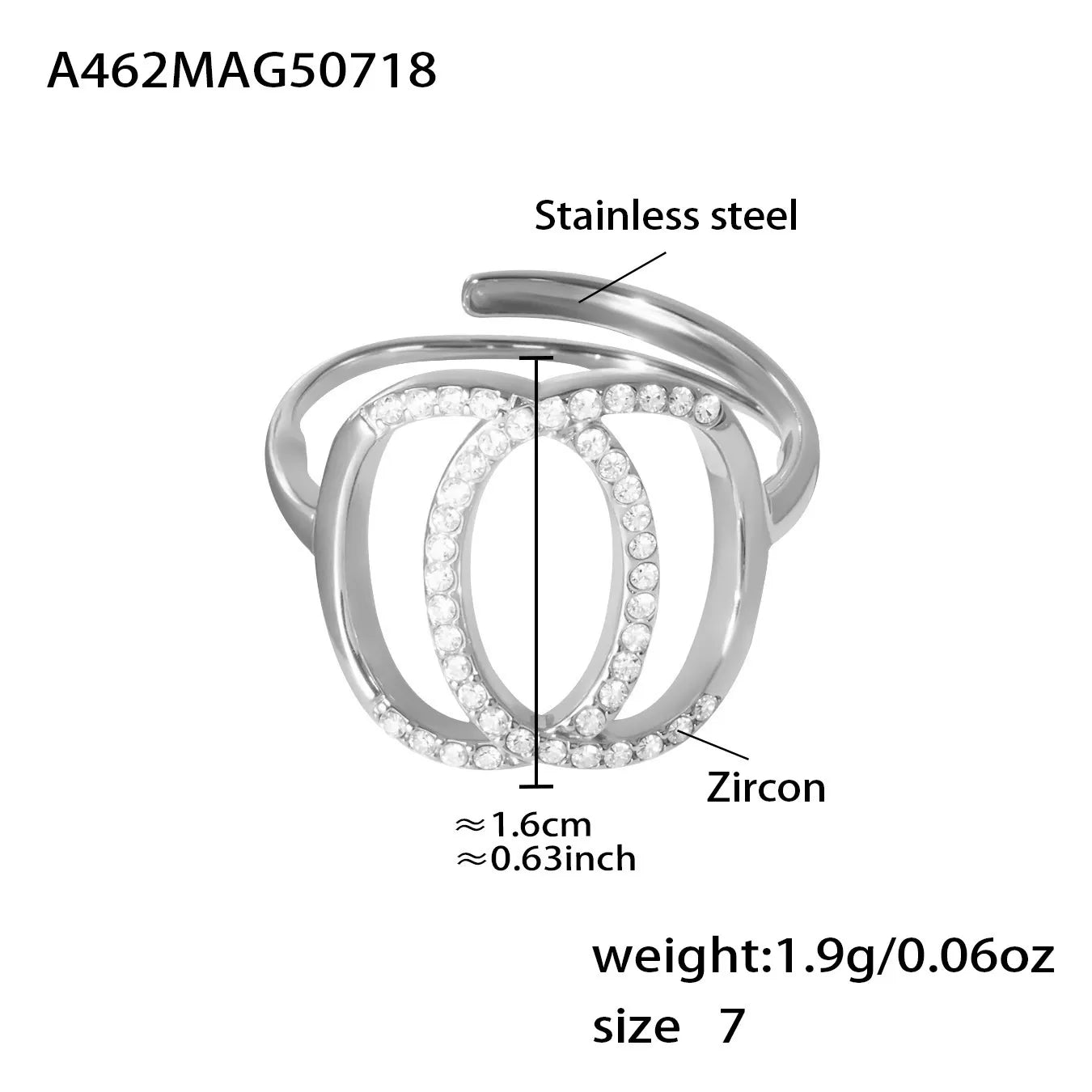 316L Stainless Steel 5A Zircon Double Circle Adjustable Ring - Image 7