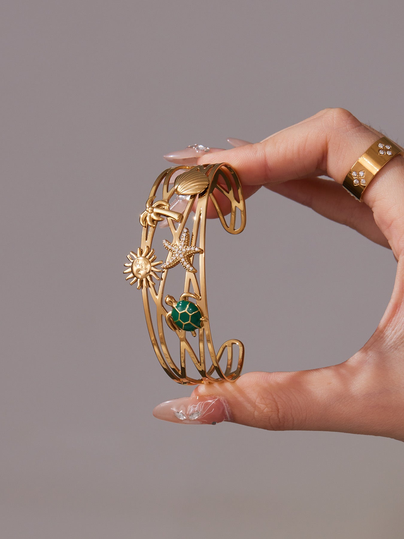 316L Stainless Steel 5A Zircon Floral Ladybug Intricate Triple-Layer Open Cuff Bracelet - Image 11