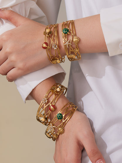 316L Stainless Steel 5A Zircon Floral Ladybug Intricate Triple-Layer Open Cuff Bracelet - Image 12