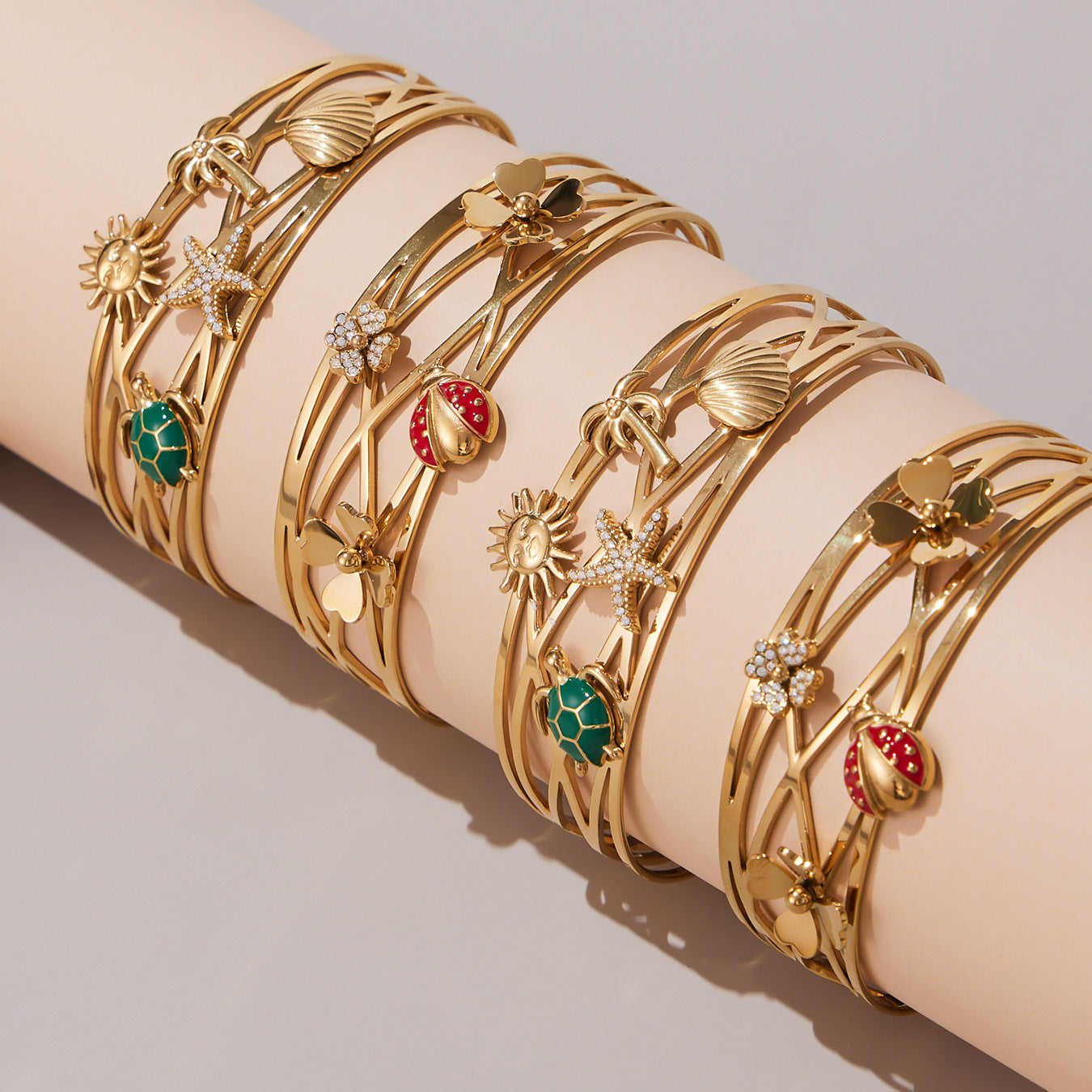 316L Stainless Steel 5A Zircon Floral Ladybug Intricate Triple-Layer Open Cuff Bracelet - Image 13