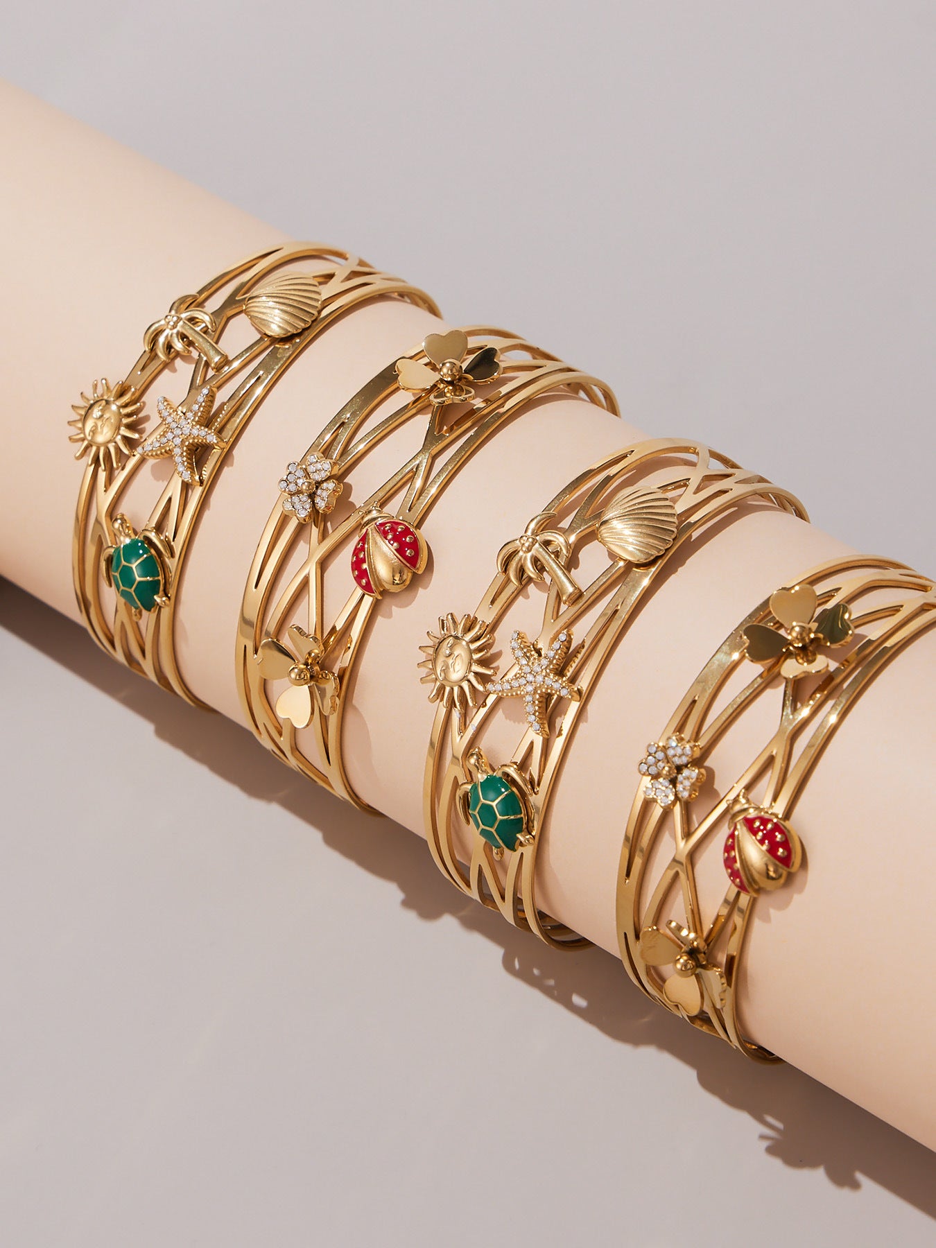 316L Stainless Steel 5A Zircon Floral Ladybug Intricate Triple-Layer Open Cuff Bracelet - Image 2