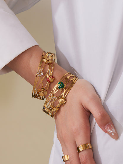 316L Stainless Steel 5A Zircon Floral Ladybug Intricate Triple-Layer Open Cuff Bracelet - Image 3