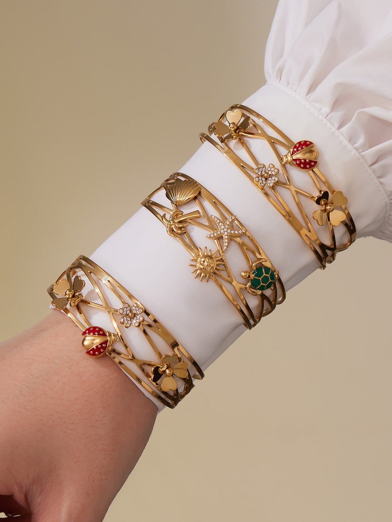 316L Stainless Steel 5A Zircon Floral Ladybug Intricate Triple-Layer Open Cuff Bracelet - Image 4