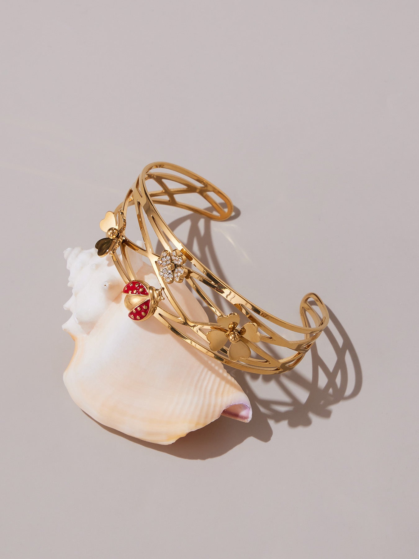 316L Stainless Steel 5A Zircon Floral Ladybug Intricate Triple-Layer Open Cuff Bracelet - Image 5