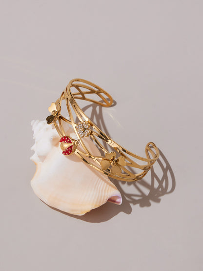 316L Stainless Steel 5A Zircon Floral Ladybug Intricate Triple-Layer Open Cuff Bracelet - Image 5