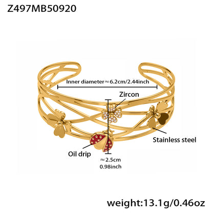 316L Stainless Steel 5A Zircon Floral Ladybug Intricate Triple-Layer Open Cuff Bracelet - Image 6