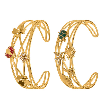 316L Stainless Steel 5A Zircon Floral Ladybug Intricate Triple-Layer Open Cuff Bracelet - Image 7