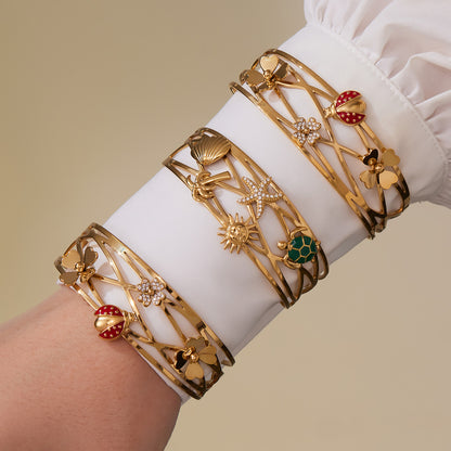 316L Stainless Steel 5A Zircon Floral Ladybug Intricate Triple-Layer Open Cuff Bracelet - Image 8